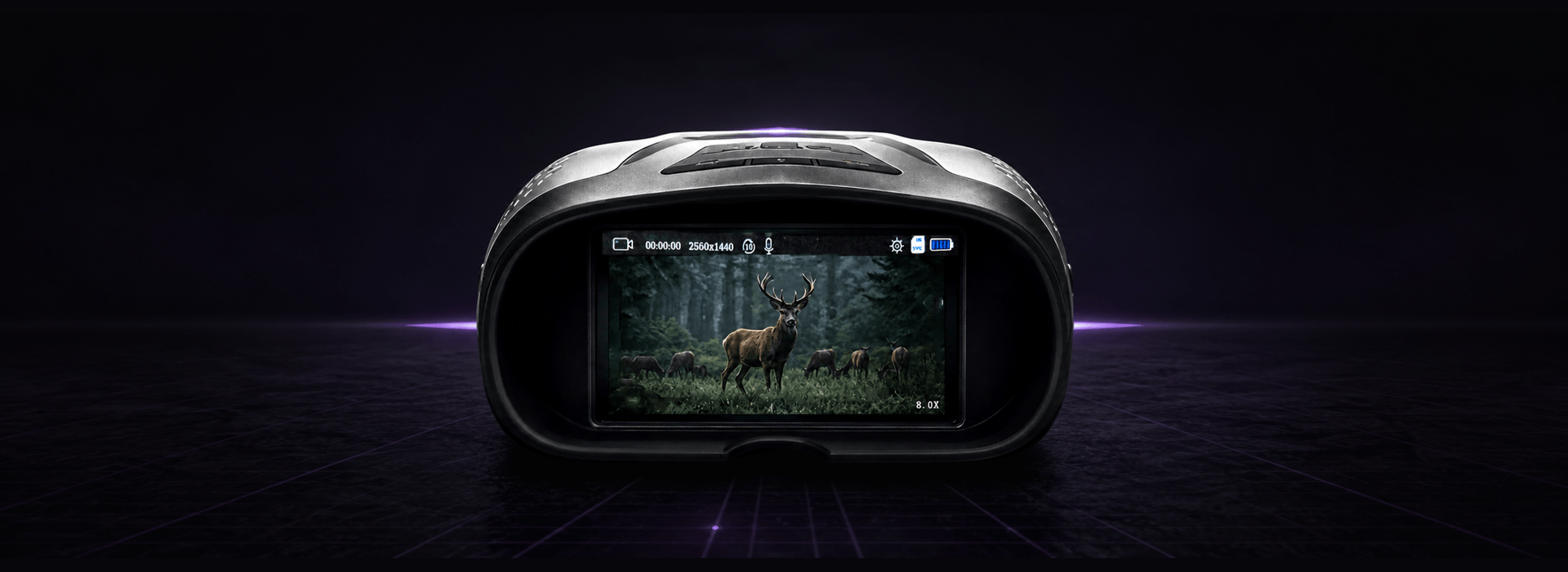 C5C wide-screen display showing deer in a forest against a purple-lit landscape
