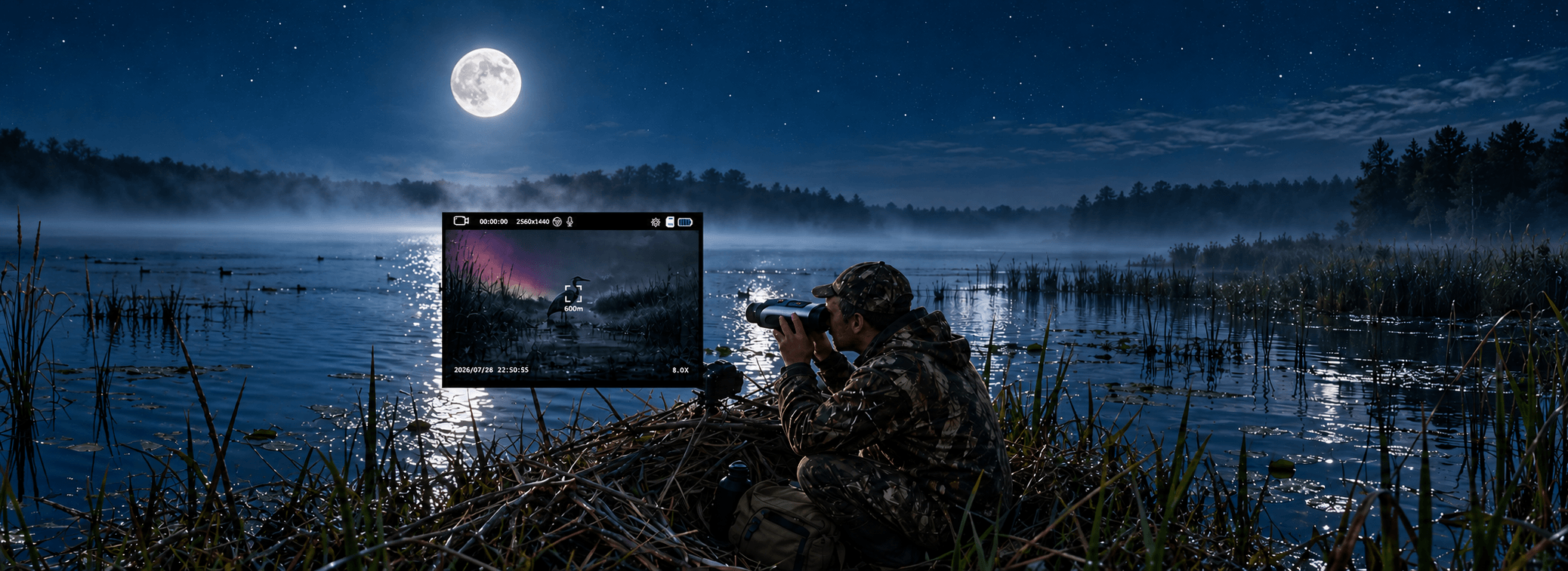 C5C laser range finder in use beside a moonlit lake, with a distance measurement shown on screen.